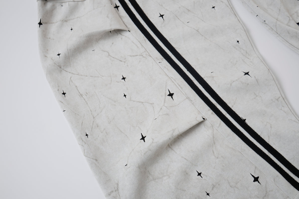 Women’s Afterglow Star-Print Cargo Pants – White Washed Baggy Barrel Pants with Black Racing Stripes