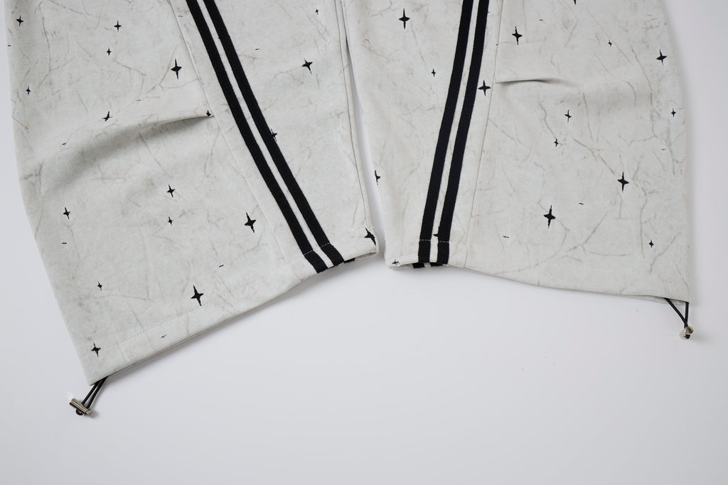 Women’s Afterglow Star-Print Cargo Pants – White Washed Baggy Barrel Pants with Black Racing Stripes