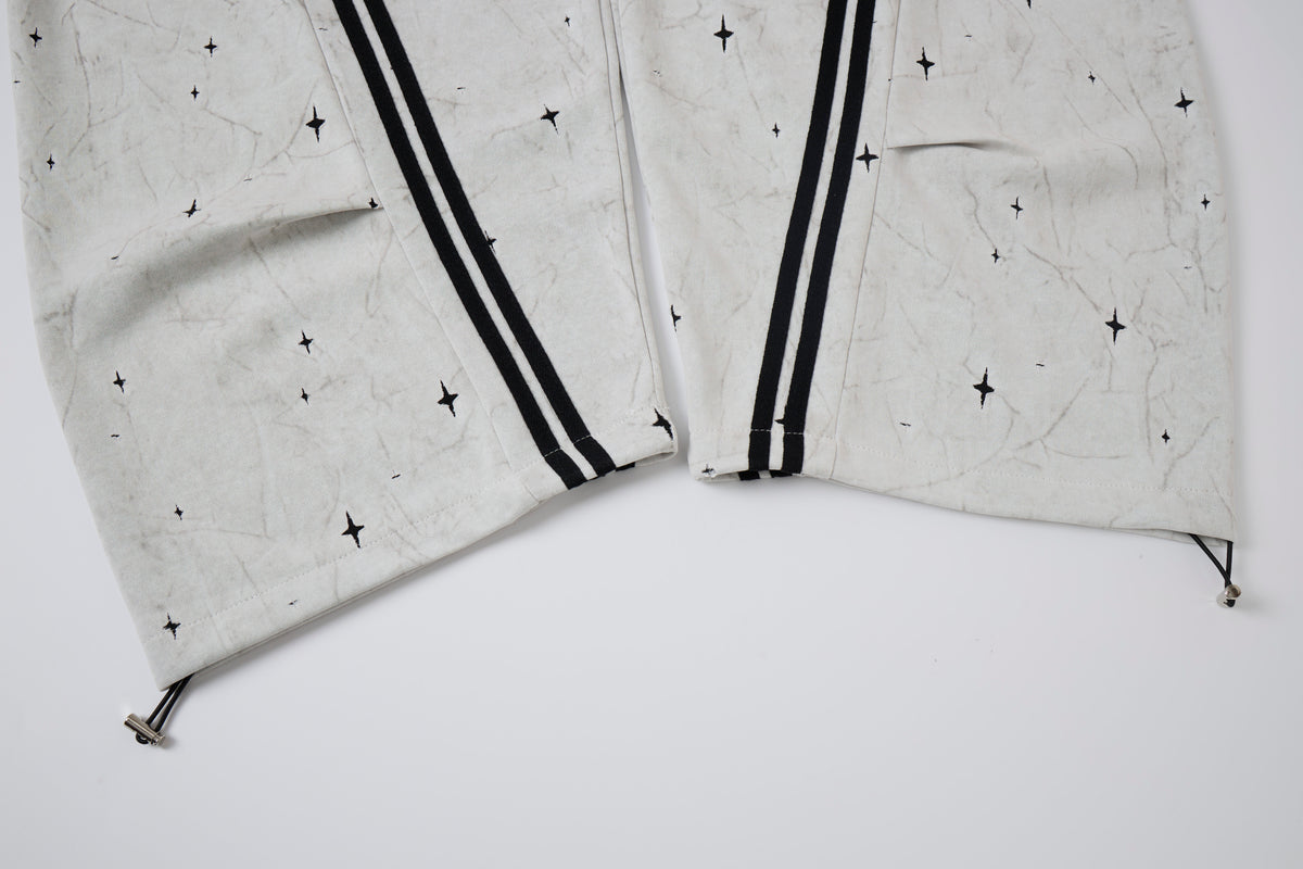 Women’s Afterglow Star-Print Cargo Pants – White Washed Baggy Barrel Pants with Black Racing Stripes