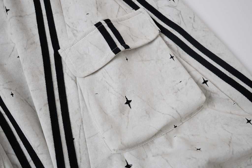Women’s Afterglow Star-Print Cargo Pants – White Washed Baggy Barrel Pants with Black Racing Stripes