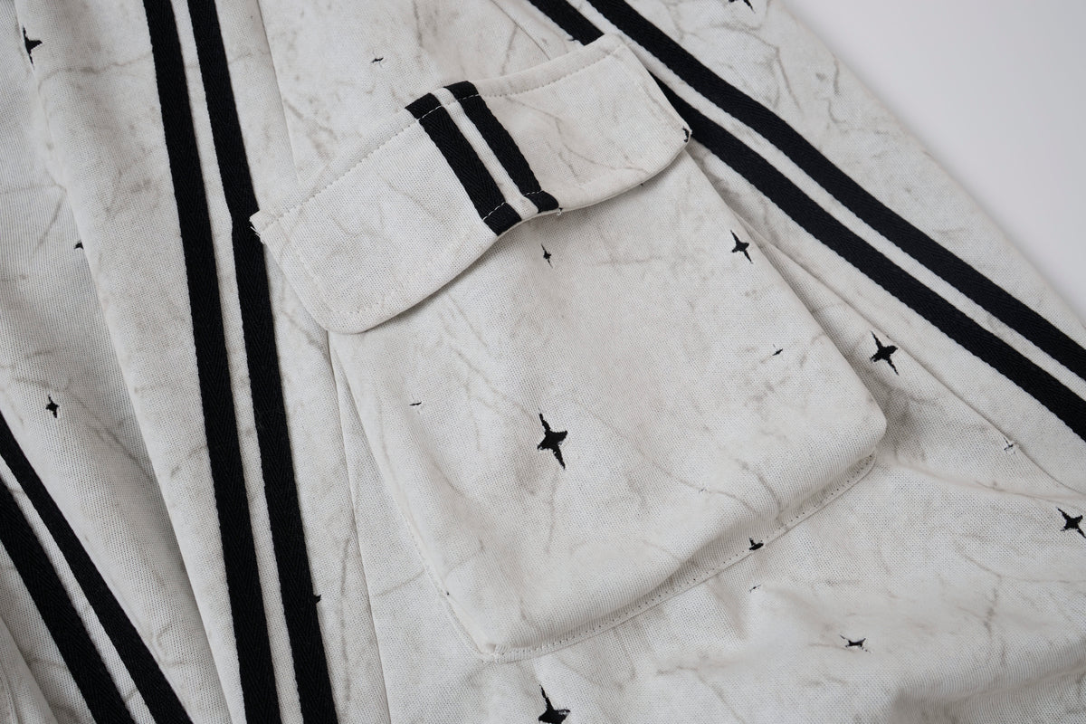 Women’s Afterglow Star-Print Cargo Pants – White Washed Baggy Barrel Pants with Black Racing Stripes