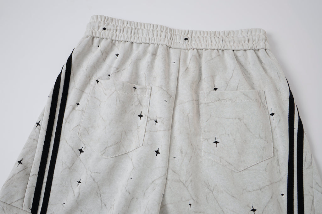 Women’s Afterglow Star-Print Cargo Pants – White Washed Baggy Barrel Pants with Black Racing Stripes