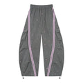 Women’s Midnight Blush Star Cargo Pants – Washed Gray Baggy Barrel Pants with Pink Racing Stripes
