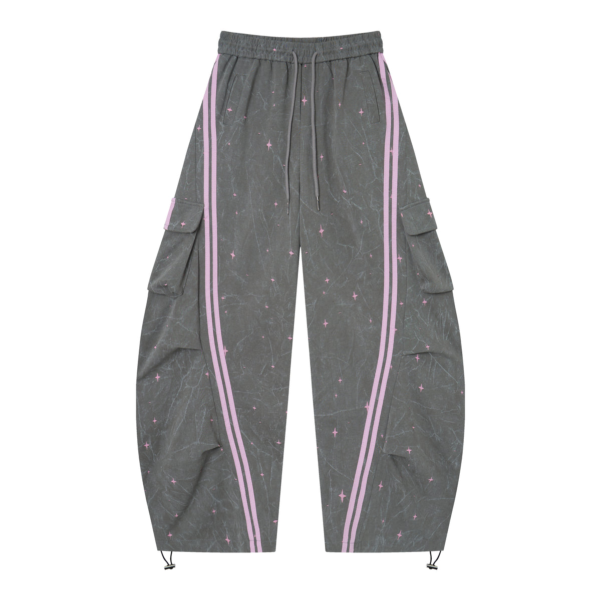Women’s Midnight Blush Star Cargo Pants – Washed Gray Baggy Barrel Pants with Pink Racing Stripes