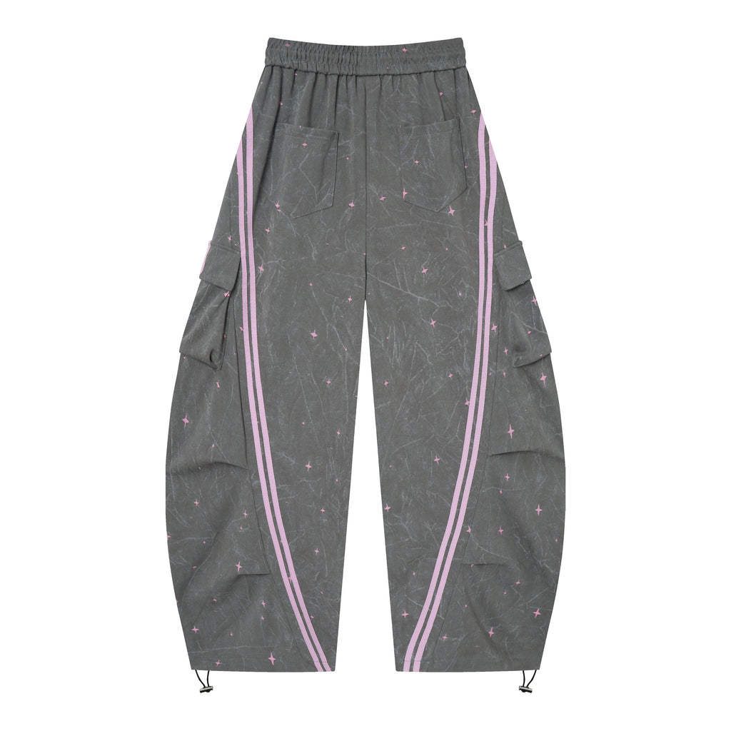 Women’s Midnight Blush Star Cargo Pants – Washed Gray Baggy Barrel Pants with Pink Racing Stripes