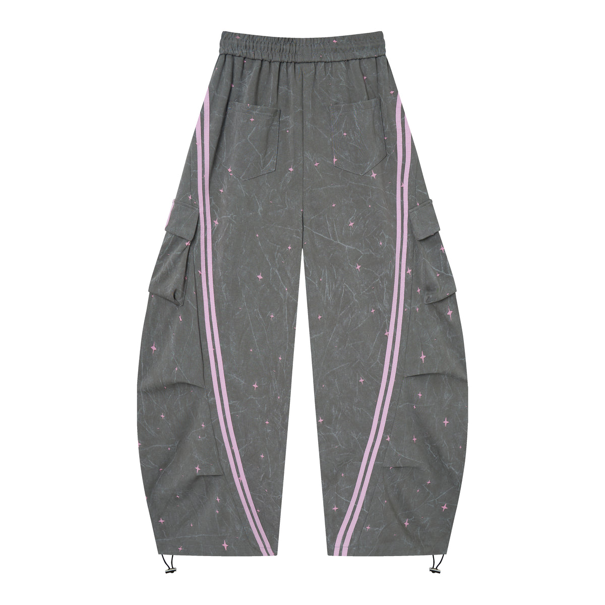 Women’s Midnight Blush Star Cargo Pants – Washed Gray Baggy Barrel Pants with Pink Racing Stripes