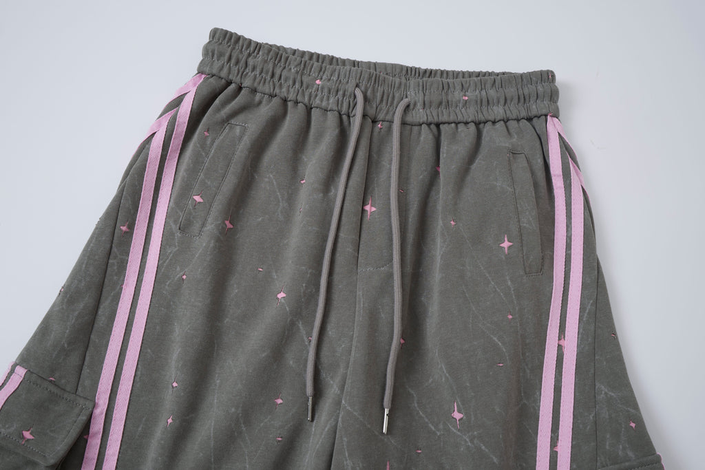 Women’s Midnight Blush Star Cargo Pants – Washed Gray Baggy Barrel Pants with Pink Racing Stripes