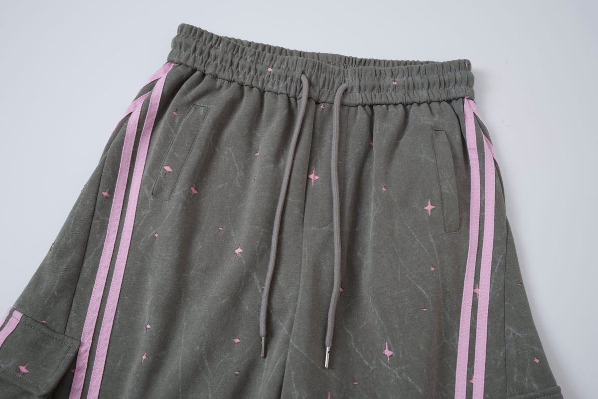 Women’s Midnight Blush Star Cargo Pants – Washed Gray Baggy Barrel Pants with Pink Racing Stripes