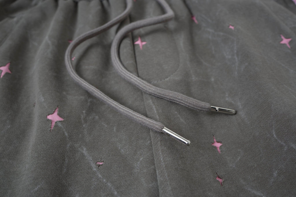 Women’s Midnight Blush Star Cargo Pants – Washed Gray Baggy Barrel Pants with Pink Racing Stripes