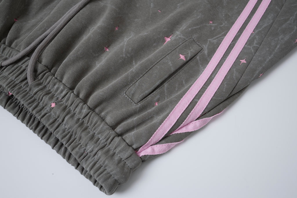 Women’s Midnight Blush Star Cargo Pants – Washed Gray Baggy Barrel Pants with Pink Racing Stripes