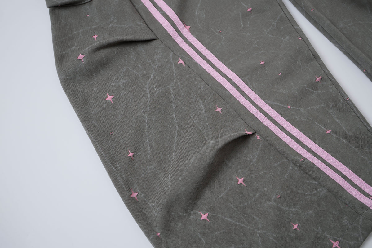 Women’s Midnight Blush Star Cargo Pants – Washed Gray Baggy Barrel Pants with Pink Racing Stripes