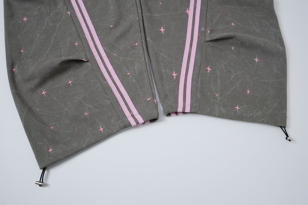 Women’s Midnight Blush Star Cargo Pants – Washed Gray Baggy Barrel Pants with Pink Racing Stripes