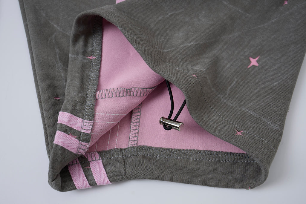 Women’s Midnight Blush Star Cargo Pants – Washed Gray Baggy Barrel Pants with Pink Racing Stripes