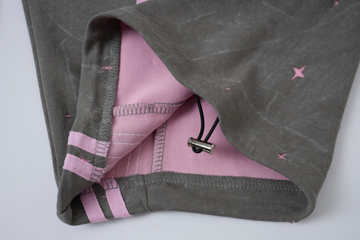 Women’s Midnight Blush Star Cargo Pants – Washed Gray Baggy Barrel Pants with Pink Racing Stripes