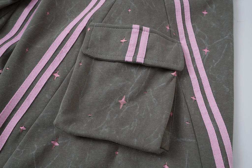 Women’s Midnight Blush Star Cargo Pants – Washed Gray Baggy Barrel Pants with Pink Racing Stripes