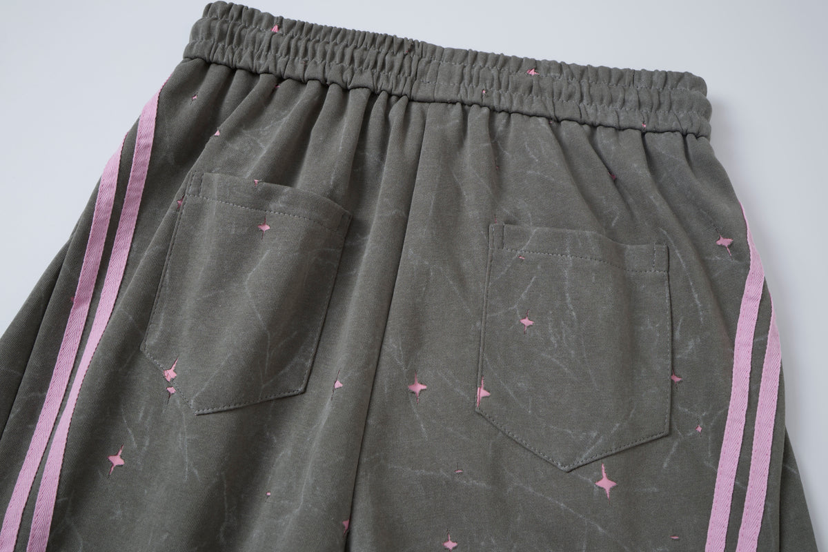 Women’s Midnight Blush Star Cargo Pants – Washed Gray Baggy Barrel Pants with Pink Racing Stripes