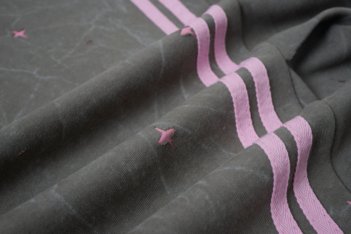 Women’s Midnight Blush Star Cargo Pants – Washed Gray Baggy Barrel Pants with Pink Racing Stripes