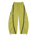 Women’s Electric Halo Star Cargo Pants – Yellow Washed Baggy Barrel Pants with Black Racing Stripes