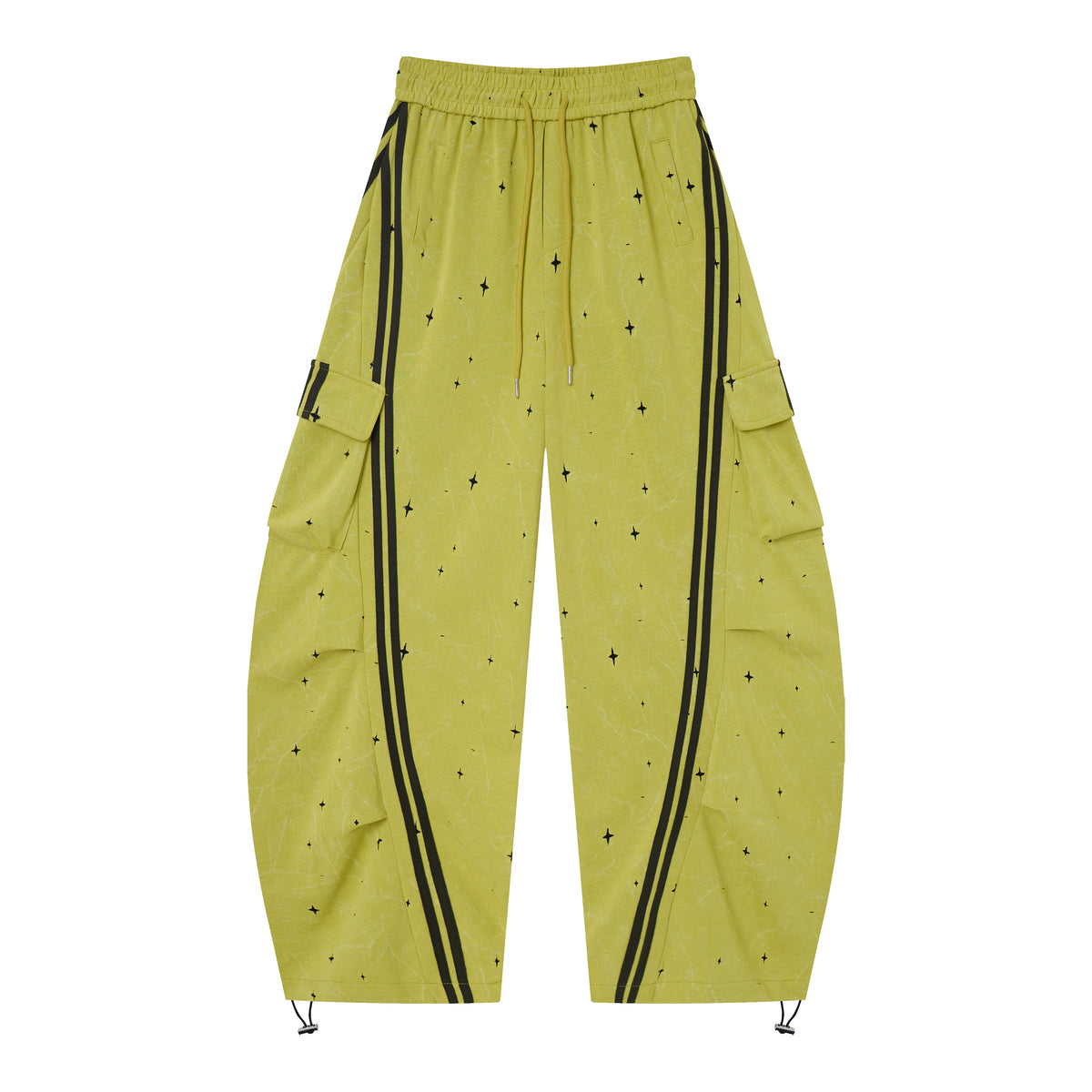 Women’s Electric Halo Star Cargo Pants – Yellow Washed Baggy Barrel Pants with Black Racing Stripes