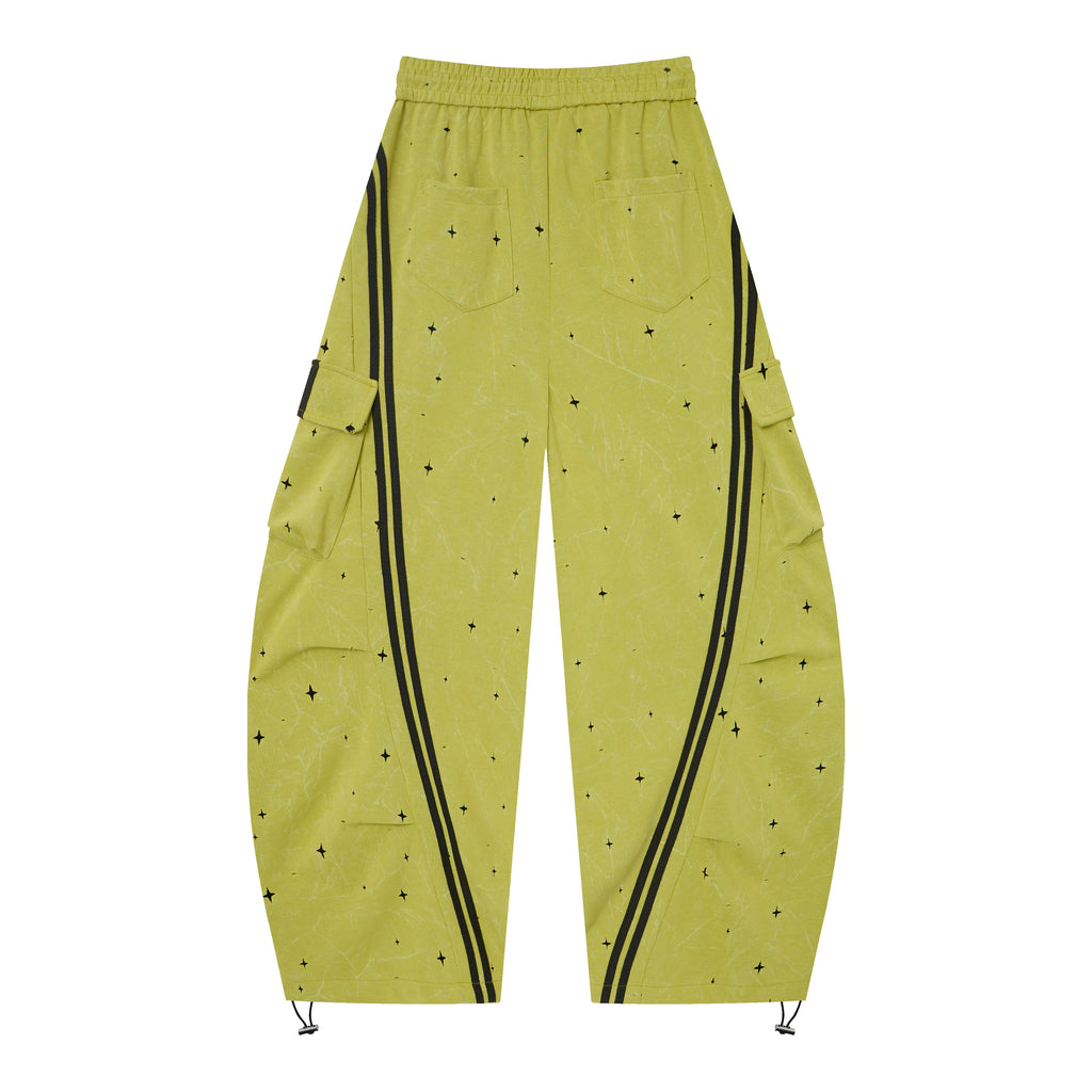 Women’s Electric Halo Star Cargo Pants – Yellow Washed Baggy Barrel Pants with Black Racing Stripes