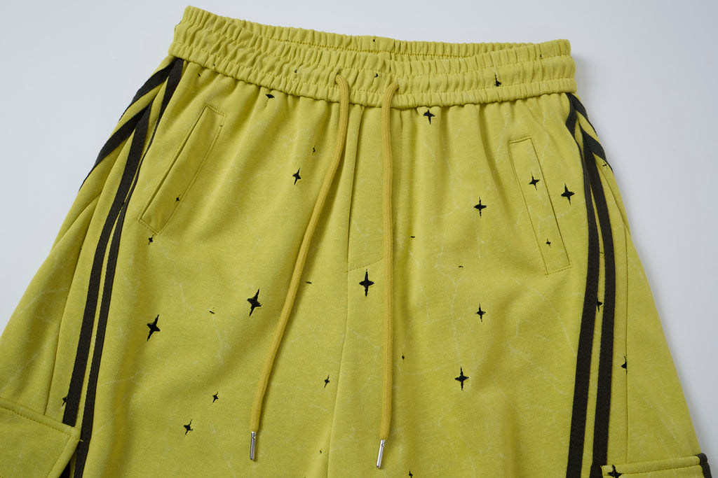 Women’s Electric Halo Star Cargo Pants – Yellow Washed Baggy Barrel Pants with Black Racing Stripes