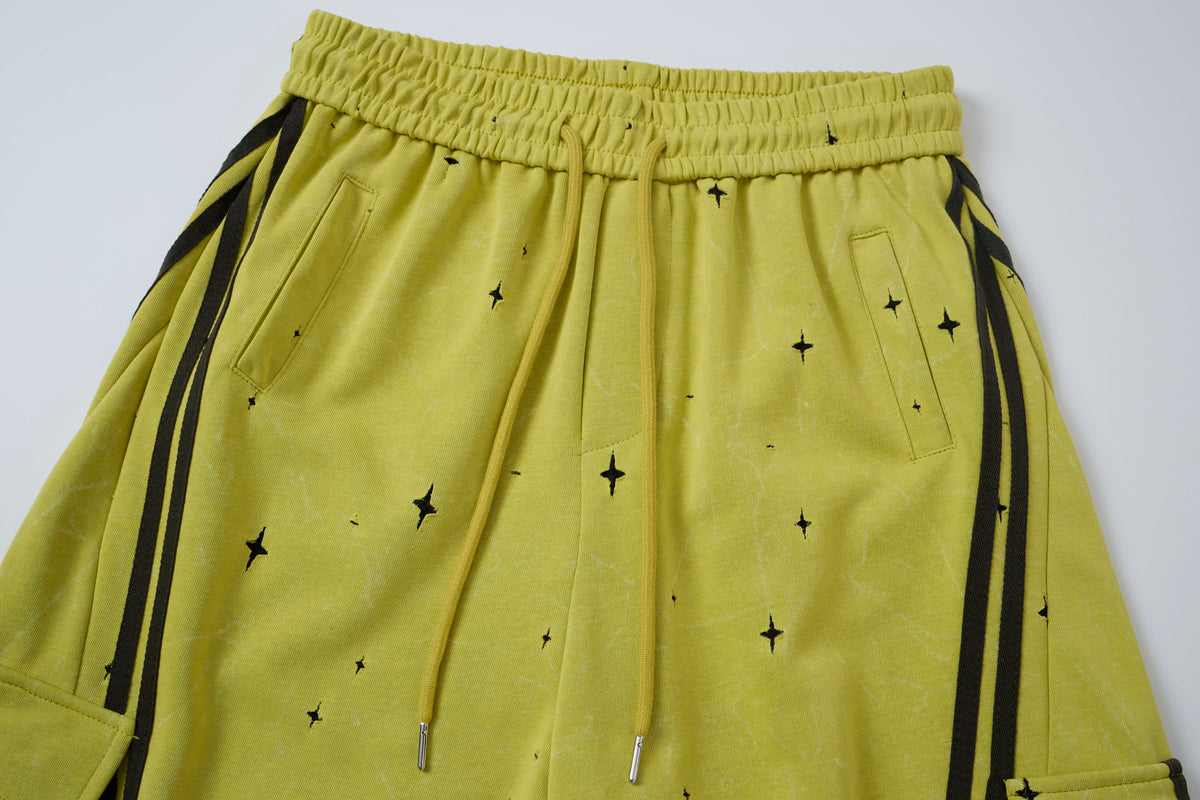 Women’s Electric Halo Star Cargo Pants – Yellow Washed Baggy Barrel Pants with Black Racing Stripes