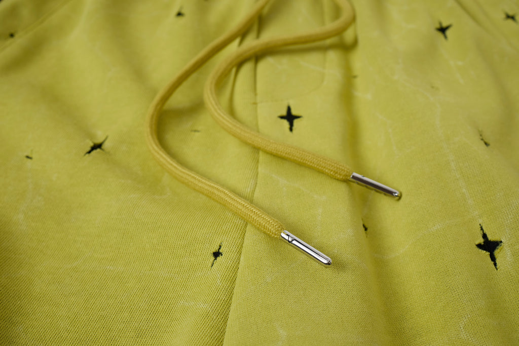 Women’s Electric Halo Star Cargo Pants – Yellow Washed Baggy Barrel Pants with Black Racing Stripes