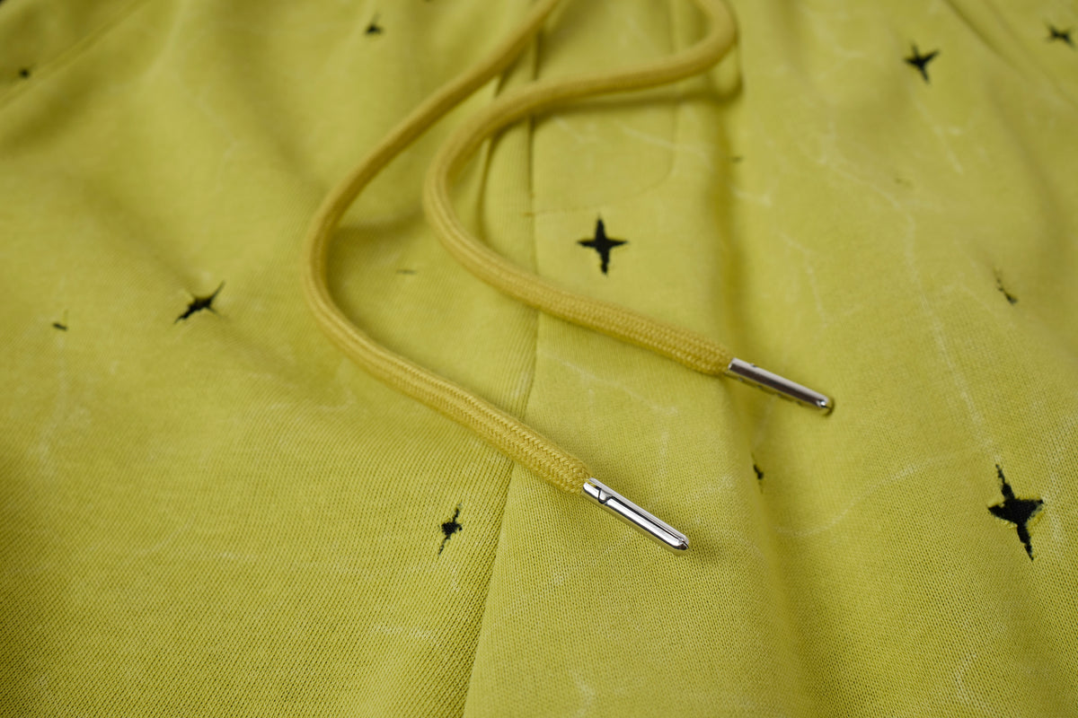 Women’s Electric Halo Star Cargo Pants – Yellow Washed Baggy Barrel Pants with Black Racing Stripes