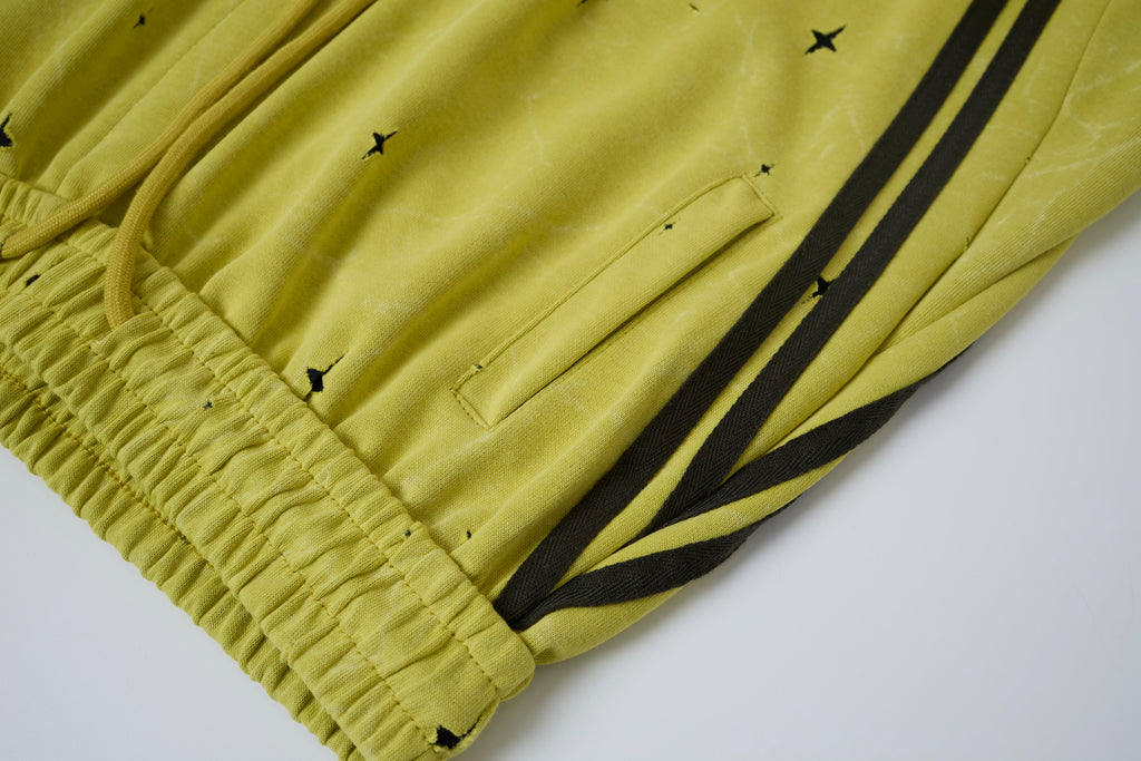 Women’s Electric Halo Star Cargo Pants – Yellow Washed Baggy Barrel Pants with Black Racing Stripes