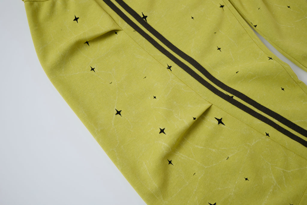 Women’s Electric Halo Star Cargo Pants – Yellow Washed Baggy Barrel Pants with Black Racing Stripes