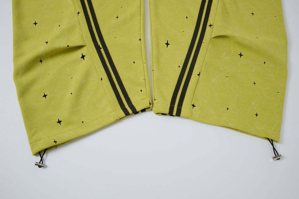 Women’s Electric Halo Star Cargo Pants – Yellow Washed Baggy Barrel Pants with Black Racing Stripes