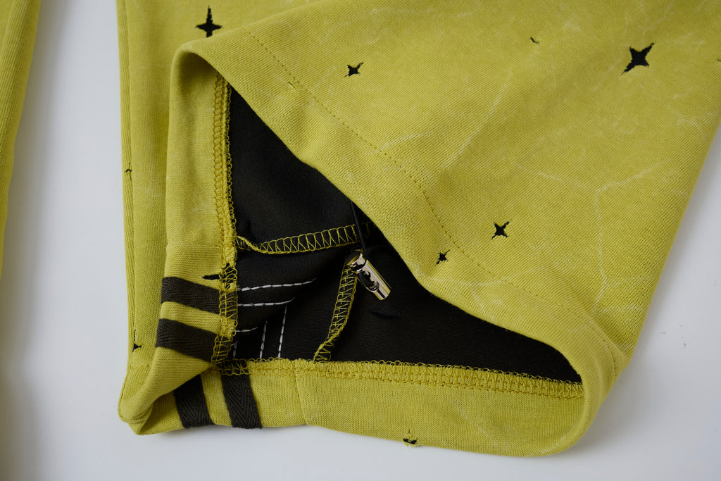 Women’s Electric Halo Star Cargo Pants – Yellow Washed Baggy Barrel Pants with Black Racing Stripes