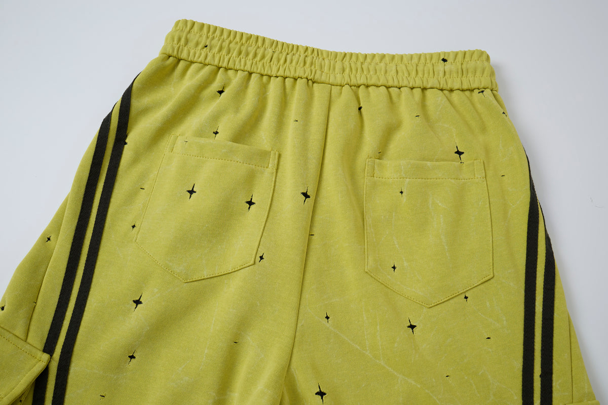 Women’s Electric Halo Star Cargo Pants – Yellow Washed Baggy Barrel Pants with Black Racing Stripes