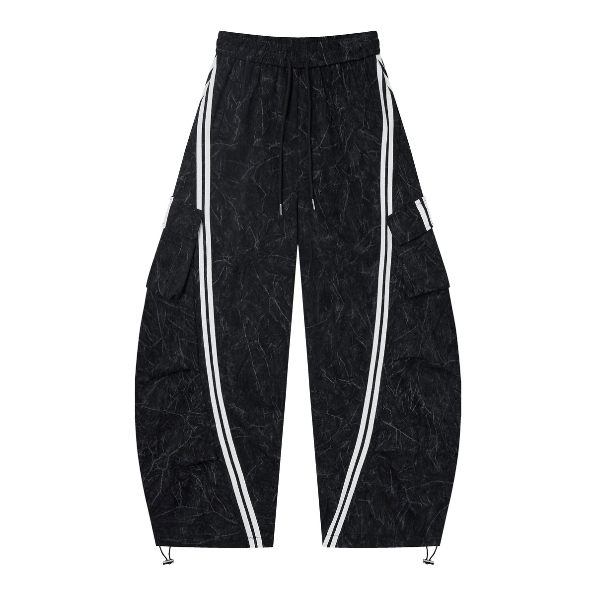 Women’s Blackout Velocity Cargo Pants – Acid-Wash Baggy Barrel Pants with White Racing Stripes
