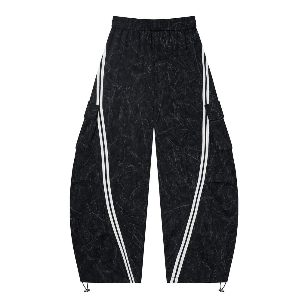 Women’s Blackout Velocity Cargo Pants – Acid-Wash Baggy Barrel Pants with White Racing Stripes