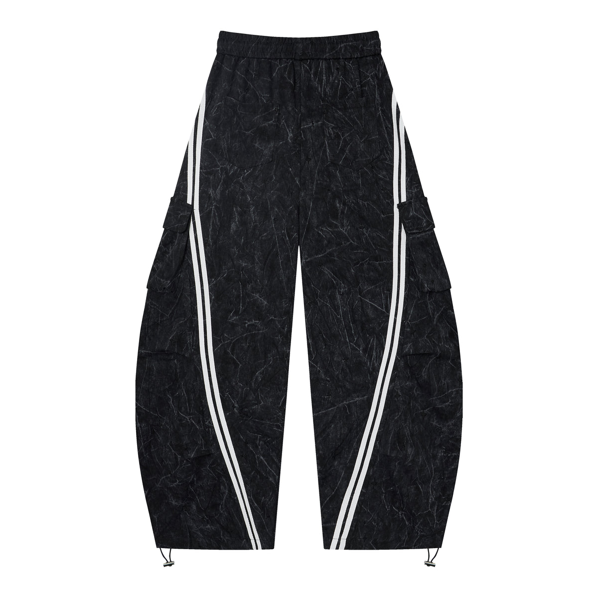 Women’s Blackout Velocity Cargo Pants – Acid-Wash Baggy Barrel Pants with White Racing Stripes