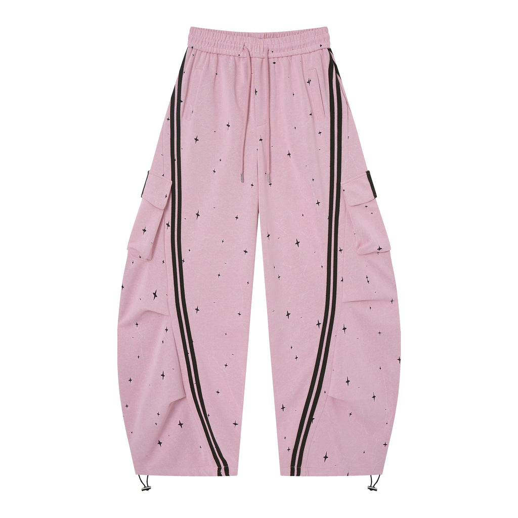 Women’s Pink Nova Star Cargo Pants – Baggy Barrel-Leg Streetwear Pants with Black Racing Stripes