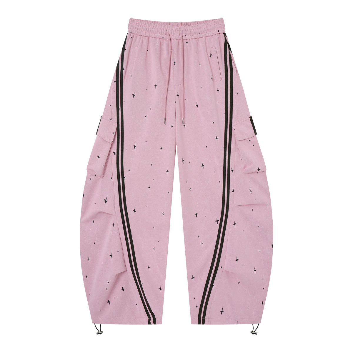 Women’s Pink Nova Star Cargo Pants – Baggy Barrel-Leg Streetwear Pants with Black Racing Stripes