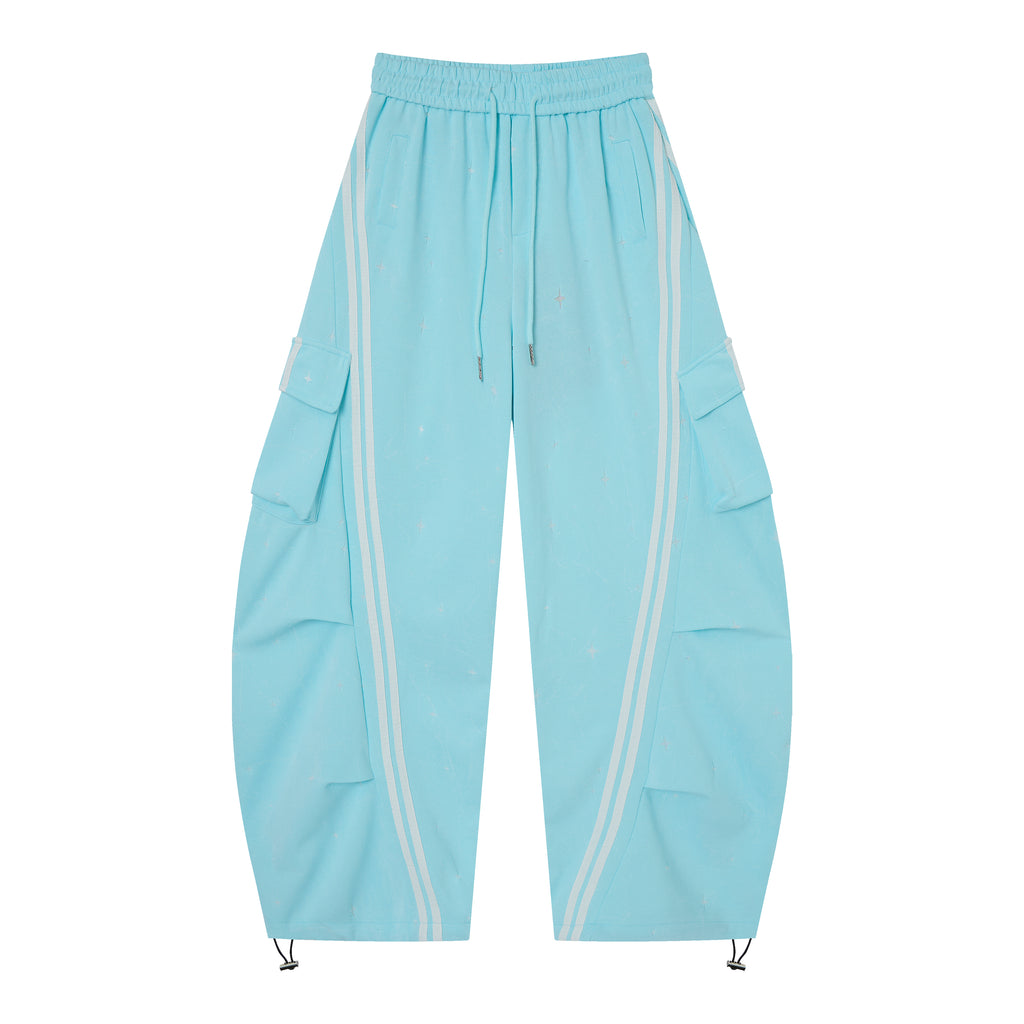 Women’s Aqua Skyline Cargo Pants – Relaxed Baggy Barrel Pants with White Racing Stripes