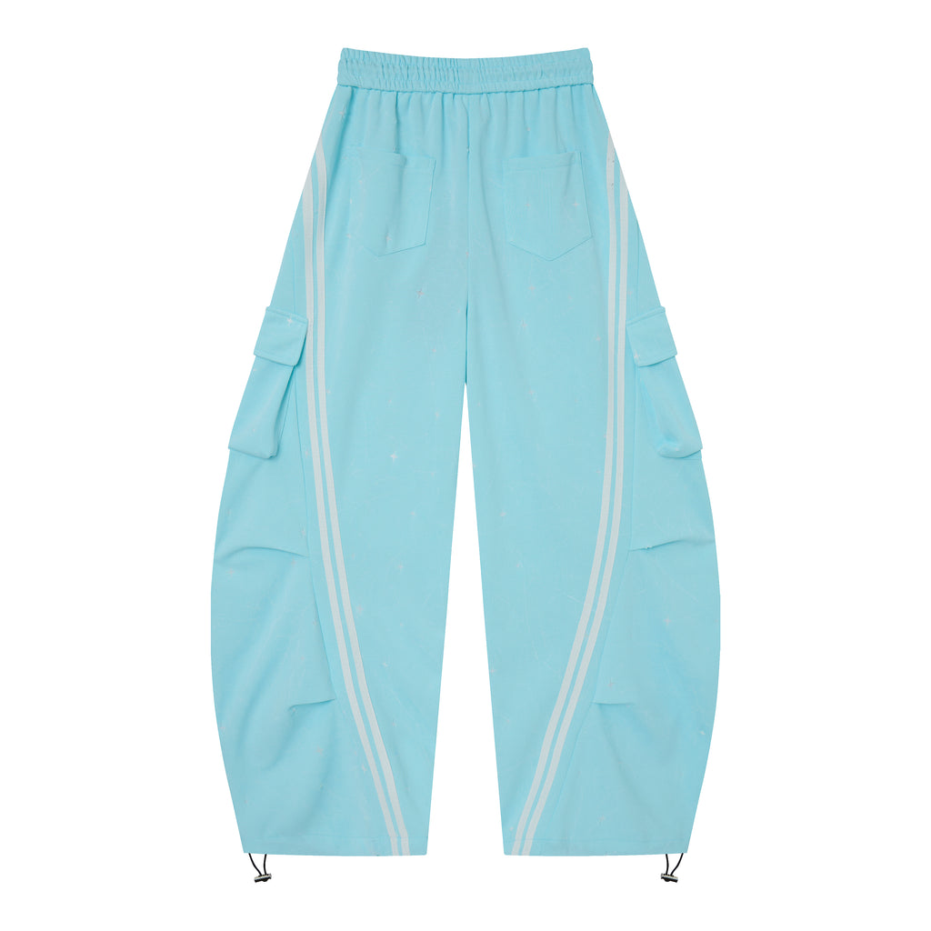 Women’s Aqua Skyline Cargo Pants – Relaxed Baggy Barrel Pants with White Racing Stripes