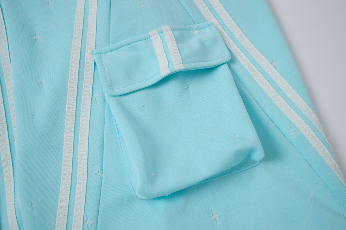 Women’s Aqua Skyline Cargo Pants – Relaxed Baggy Barrel Pants with White Racing Stripes