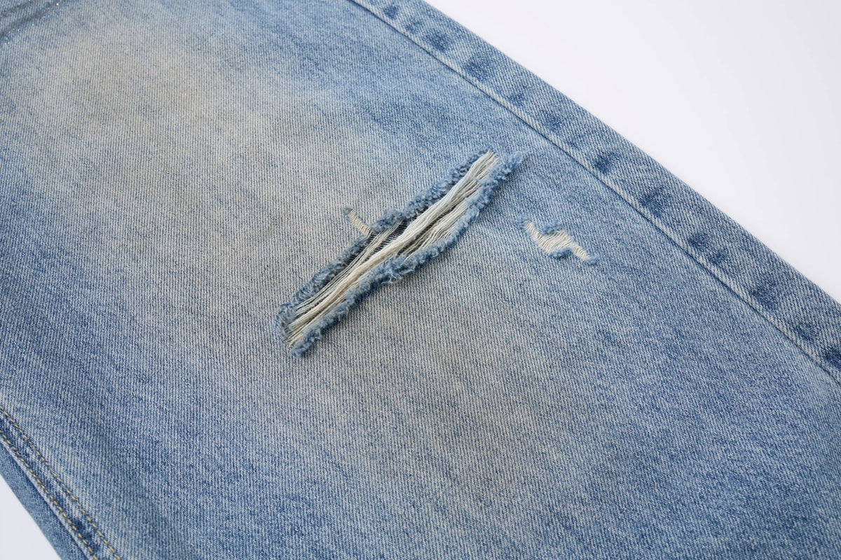 Vintage Wash Straight Leg Jeans – Distressed Relaxed Fit Denim