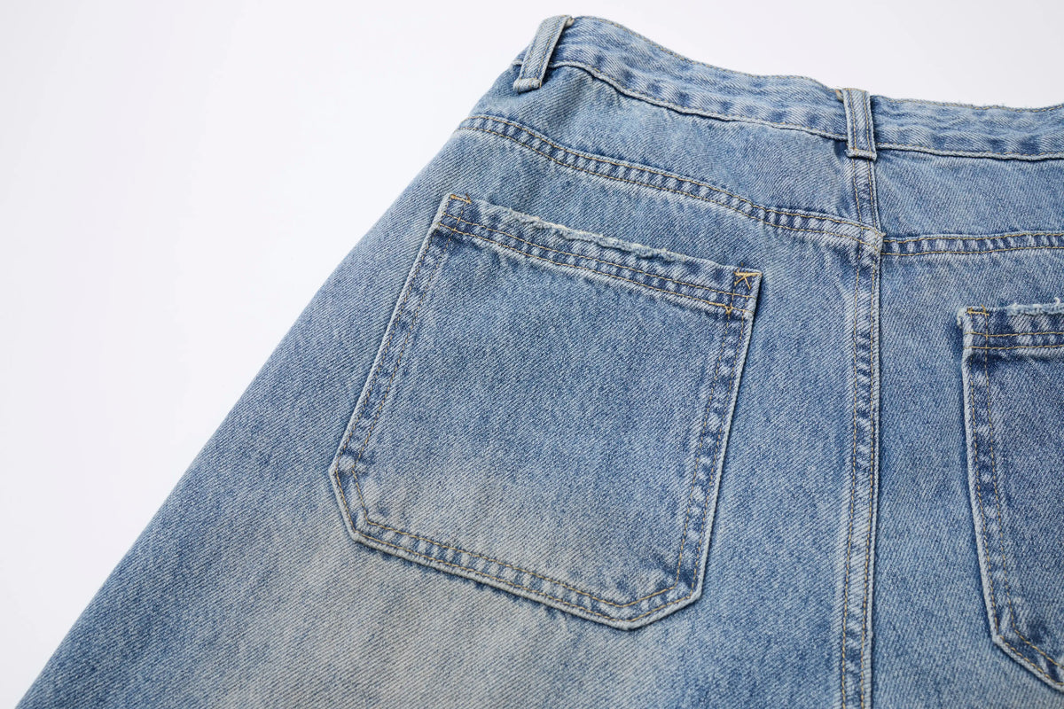 Vintage Wash Straight Leg Jeans – Distressed Relaxed Fit Denim