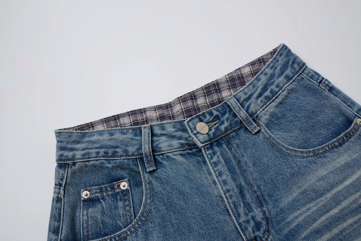 Vintage Washed Panel Denim Baggy Barrel Jeans – Wide Fit