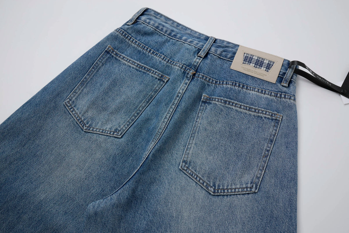 Vintage Washed Panel Denim Baggy Barrel Jeans – Wide Fit