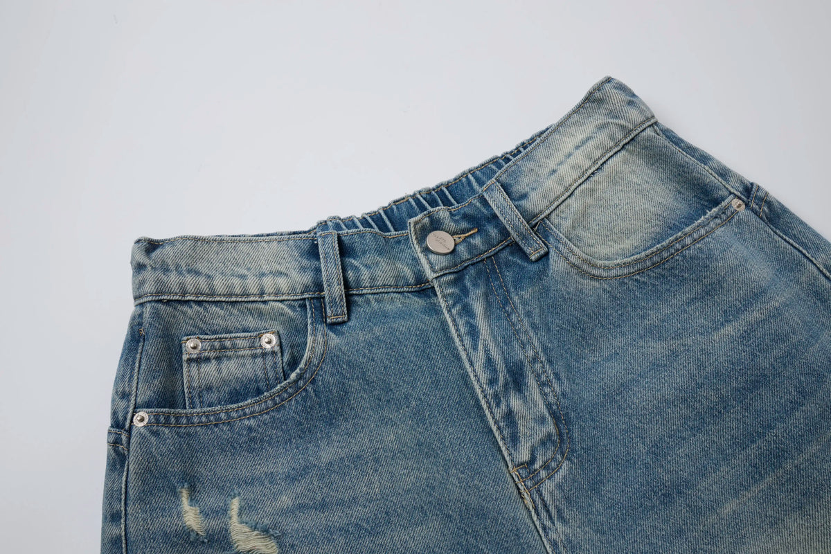 Vintage Wash Denim Shorts – Distressed Wide-Leg Jorts