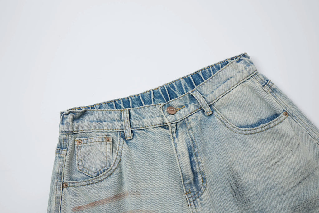 Vintage Washed Distressed Jeans – Light Blue Wide-Leg Denim