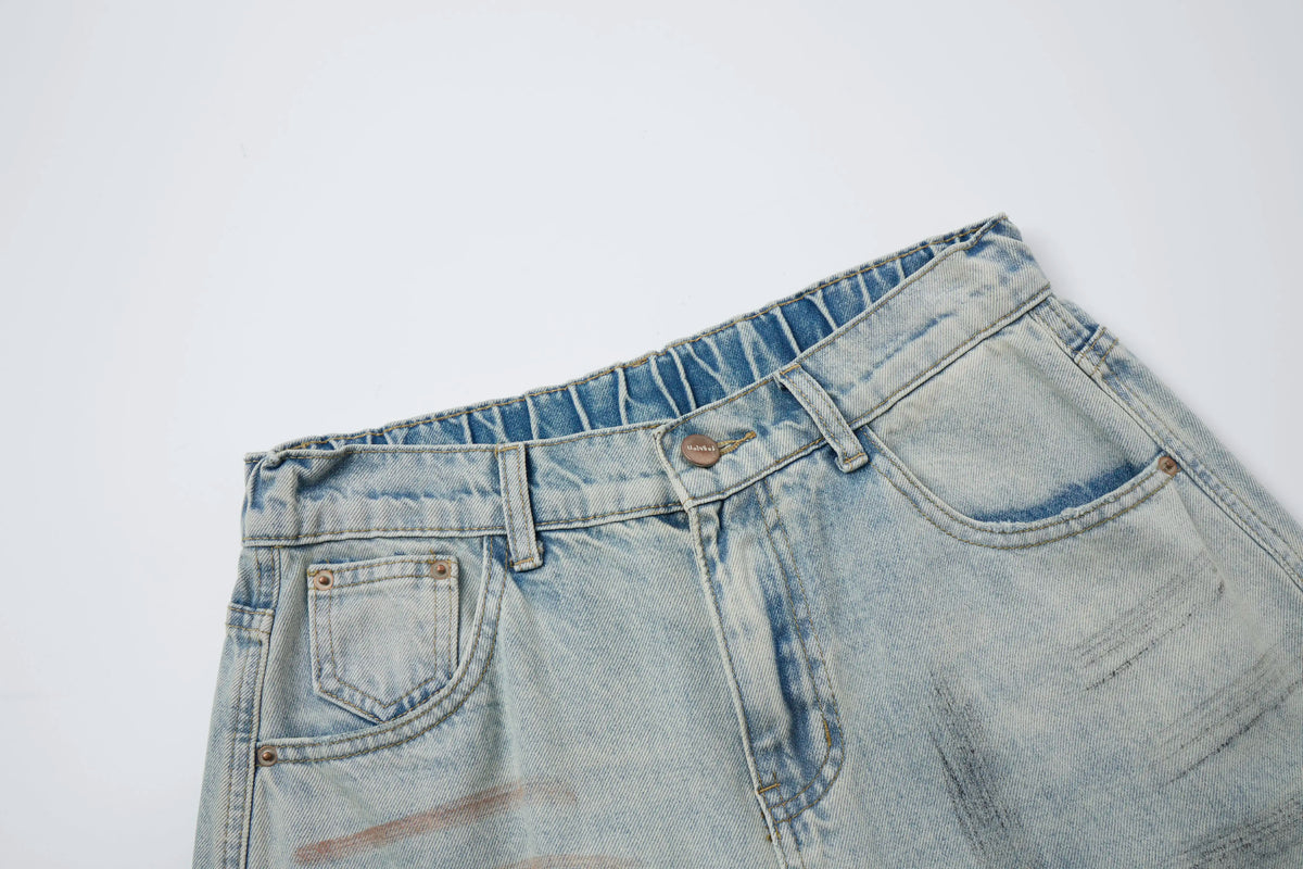 Vintage Washed Distressed Jeans – Light Blue Wide-Leg Denim