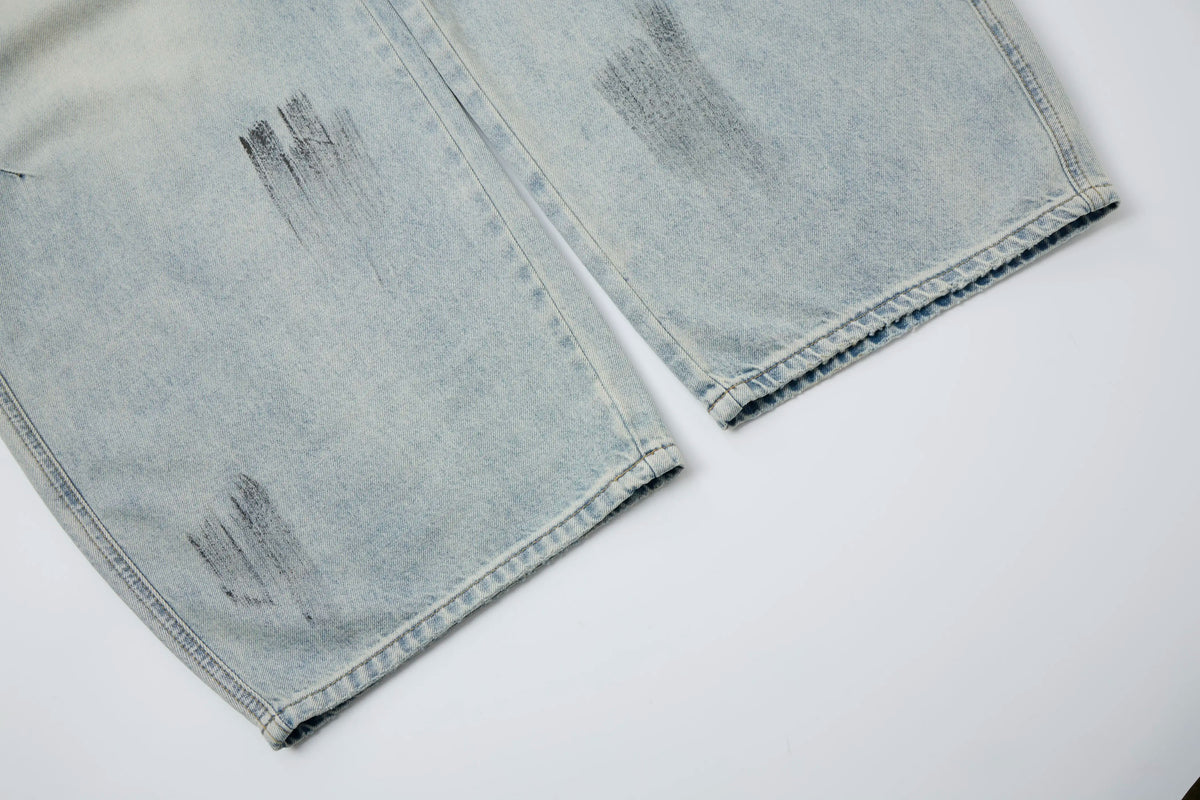 Vintage Washed Distressed Jeans – Light Blue Wide-Leg Denim