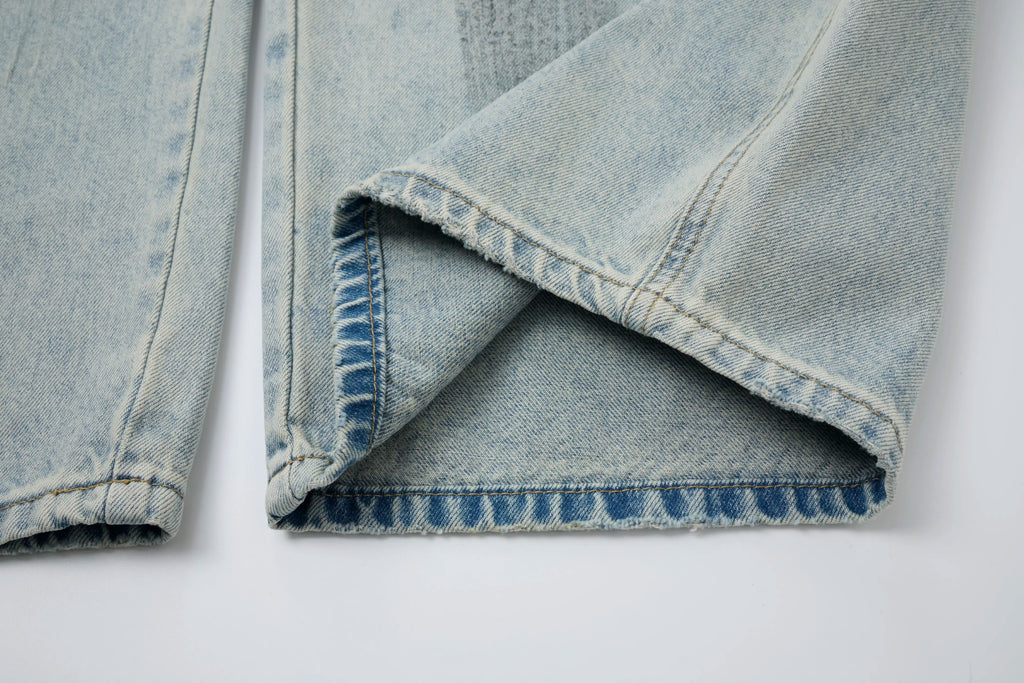 Vintage Washed Distressed Jeans – Light Blue Wide-Leg Denim